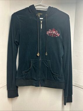 Rocawear Black Velour Zip Hoodie with Red Embroidered Logo back and front